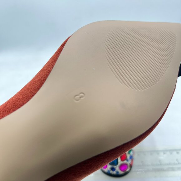 YDN Brown Suede Pointed Toe Bow Pumps Rhinestone Block Low Heel Butterfly Shoes - Picture 6 of 8